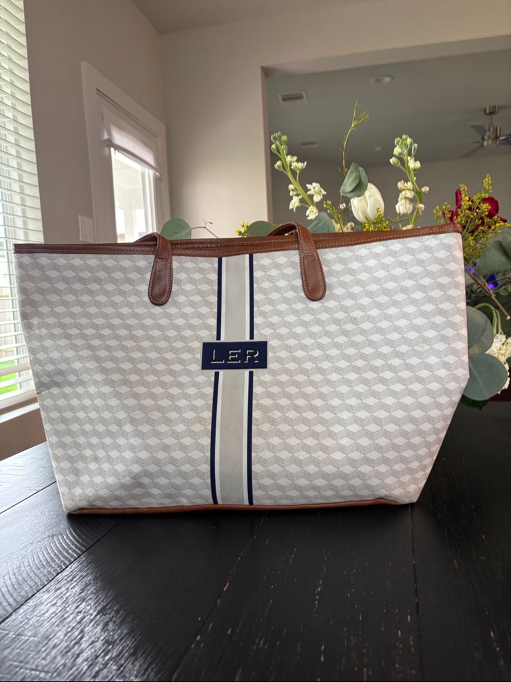 Harrington  Beige Patterned Canvas Tote with Brown Trim